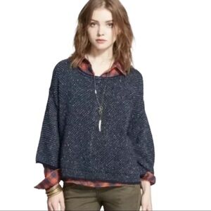 Free People Navy Blue Tweed Boucle Pullover Sweater Cropped Small
